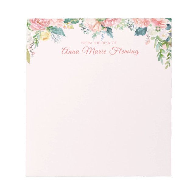 Elegant Floral Blush Pink Rose Peony Name Notepad (Front)