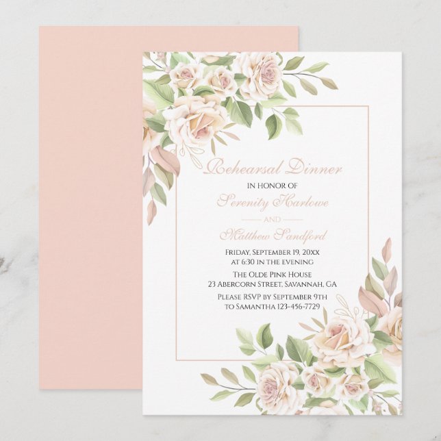 Elegant Floral Blush Pink Rose Rehearsal Dinner In Invitation (Front/Back)