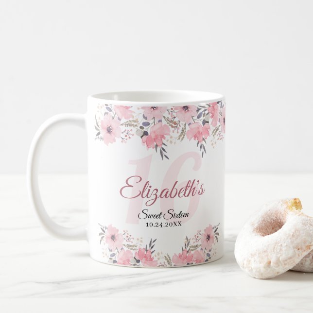 Elegant Floral Blush Pink Sweet 16 Coffee Mug (With Donut)