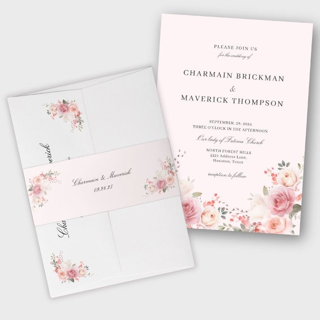 Elegant Floral Blush Pink Wedding Invitation Belly Band (Creator Uploaded)