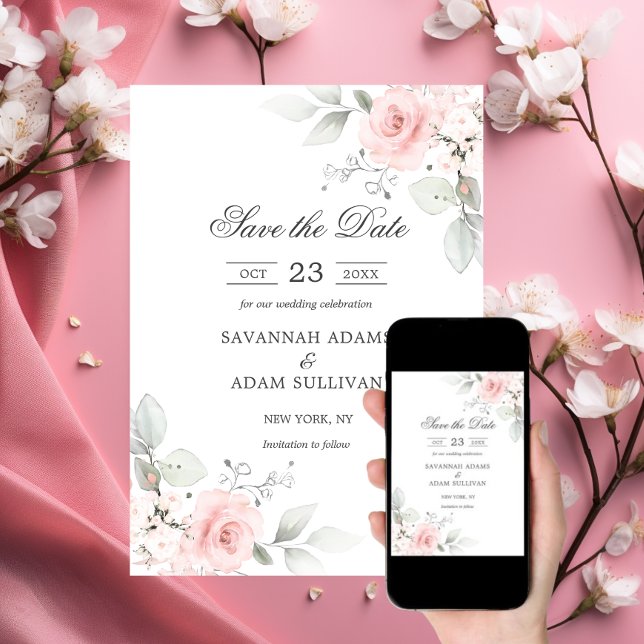Elegant Floral Blush Rose Pink Botanical  Save The Date (Elegant Floral Blush Rose Pink Botanical Save The Date)