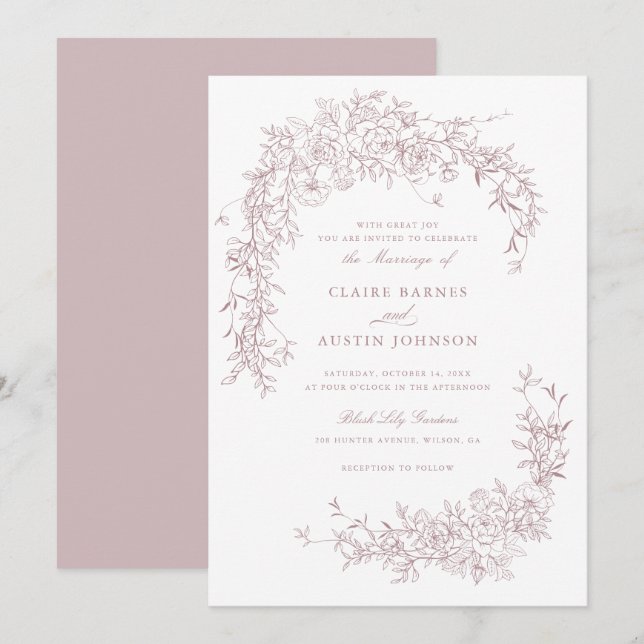 Elegant Floral Blush Roses Wedding Monogram  Invitation (Front/Back)