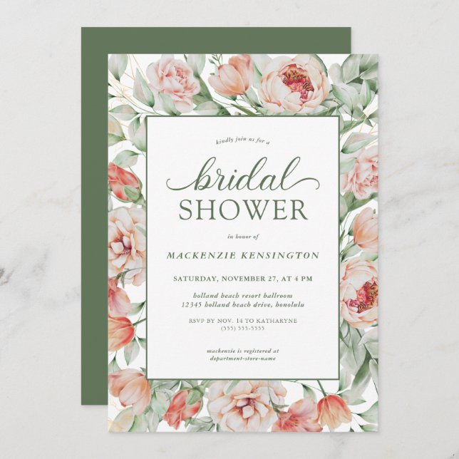 Elegant Floral Blush Sage Green Bridal Shower Invitation (Front/Back)