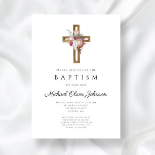 Elegant Floral Boho Cross Baptism Invitation