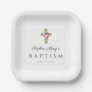 Elegant Floral Boho Cross Baptism Paper Plate