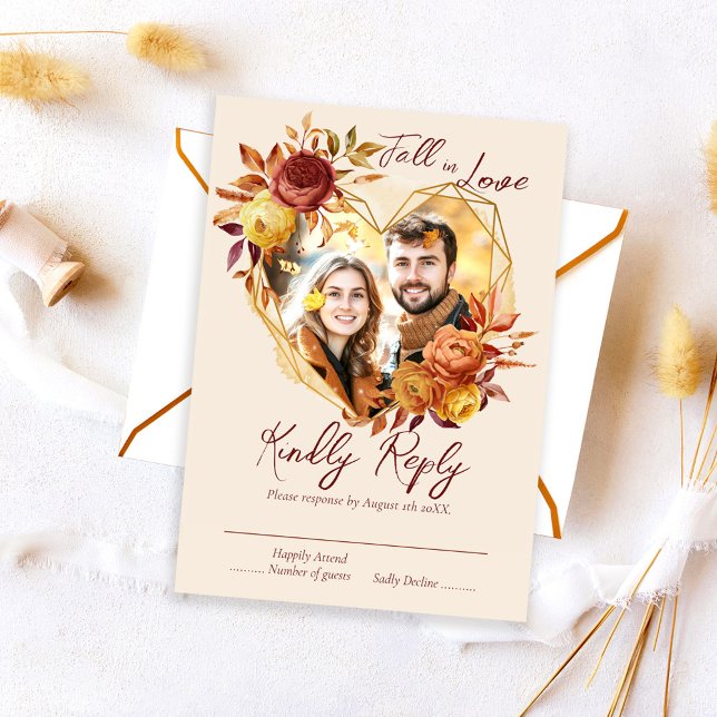 Elegant Floral Boho Fall in Love Photo Wedding RSVP Card (Creator Uploaded)