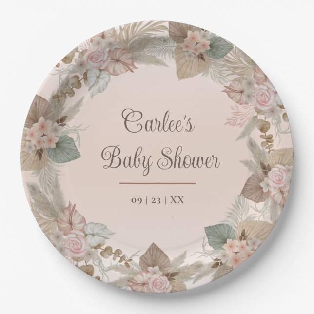 Elegant Floral Boho Gender Neutral Baby Shower Paper Plate (Front)