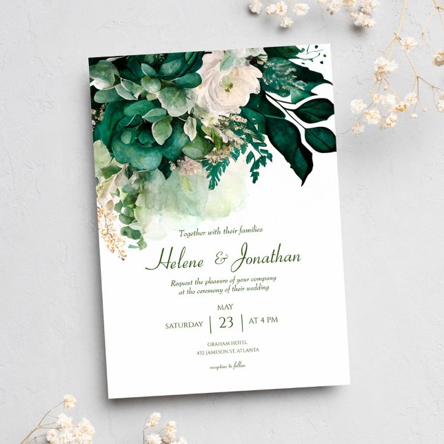 Elegant Floral Boho Modern Emerald Green Wedding Invitation (Creator Uploaded)