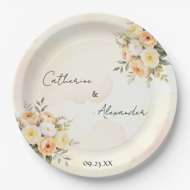 Elegant Floral Boho Rustic Roses Wedding Reception Paper Plate (Front)