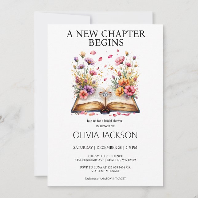 Elegant Floral Book & Ring Bridal Shower  Invitation (Front)