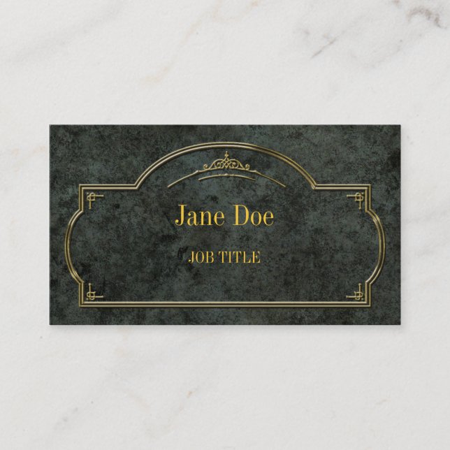 Elegant floral borders, gold on green marble business card (Front)