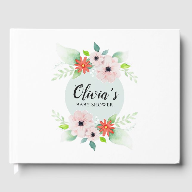 Elegant Floral Botanical Flowers Baby Shower Guest Book (Front)