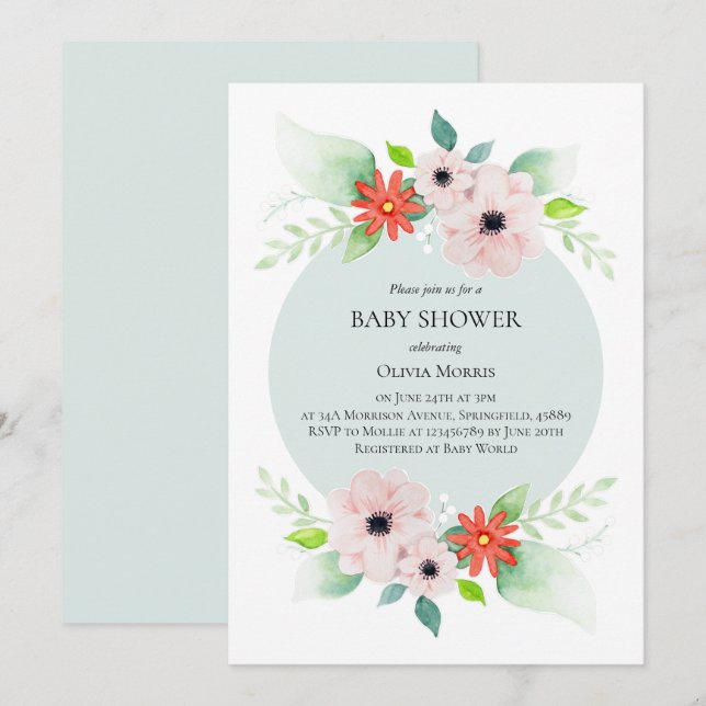 Elegant Floral Botanical Flowers Baby Shower Invitation (Front/Back)
