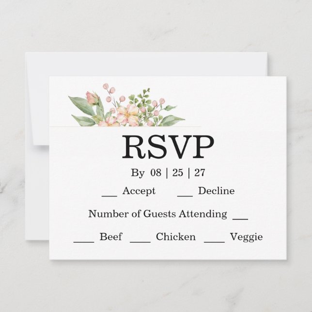 Elegant Floral Botanical Rose Pink Wedding RSVP Card (Front)
