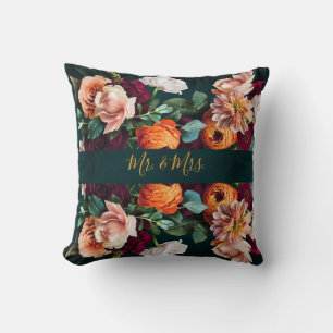 Elegant Floral Botanical Rustic Mr. & Mrs. Wedding Cushion