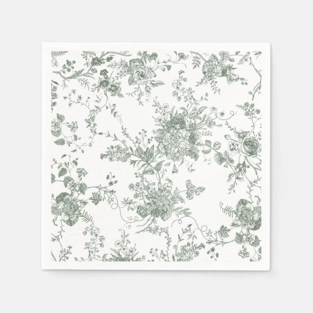 Elegant Floral Botanical Sage Green Toile Wedding Napkin (Front)