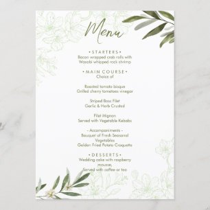 Elegant Floral Botanical Sage Green Wedding Dinner Menu