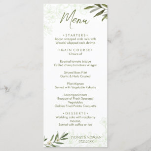 Elegant Floral Botanical Sage Green Wedding Dinner Menu