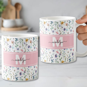 Elegant Floral Botanical Script Monogram Coffee Mug