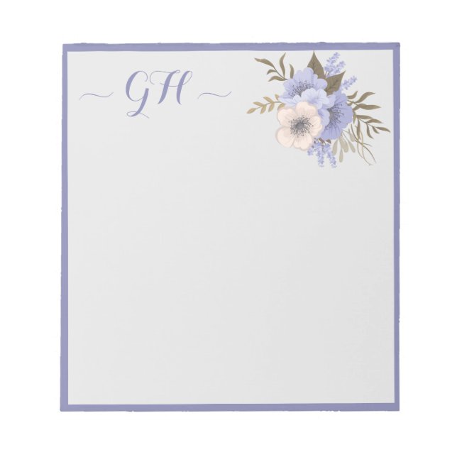 Elegant Floral Bouquet Gray Blue Pink Initials Notepad (Front)