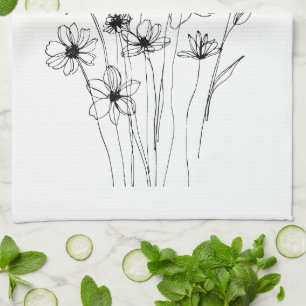 Elegant Floral Bouquet Line Art Tea Towel