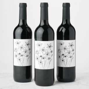 Elegant Floral Bouquet Line Art Wine Label