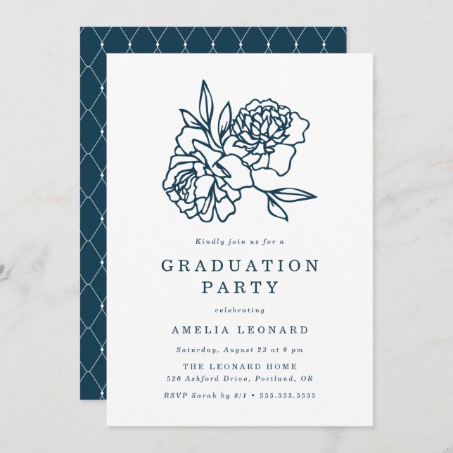 Elegant Floral Bouquet Navy Graduation Party Invitation (Front/Back)