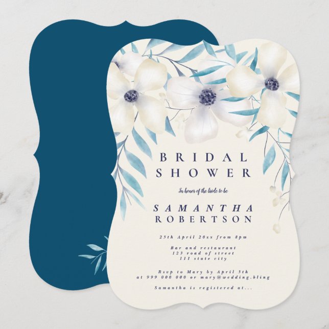 Elegant floral bouquet ocean blue bridal shower invitation (Front/Back)