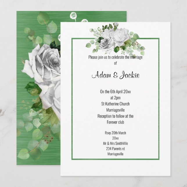 ELEGANT FLORAL BOUQUET SAGE TRIM WEDDING   INVITATION (Front/Back)