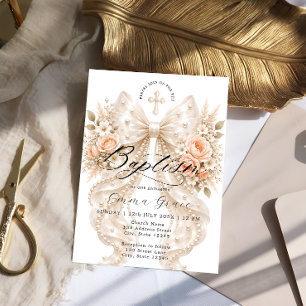 Elegant Floral Bow and Pearl Baptism Invitation