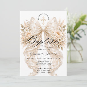 Elegant Floral Bow and Pearl Baptism Invitation