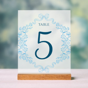 Elegant Floral & Bow Blue Wedding Table Number Acrylic Sign
