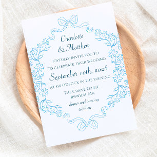 Elegant Floral & Bow Illustration Blue Wedding  Invitation
