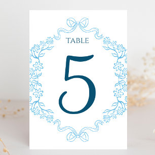 Elegant Floral & Bow Illustration Blue Wedding  Table Number