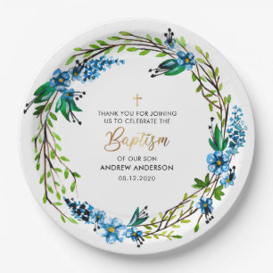 Elegant Floral Boy Baptism Paper Plate