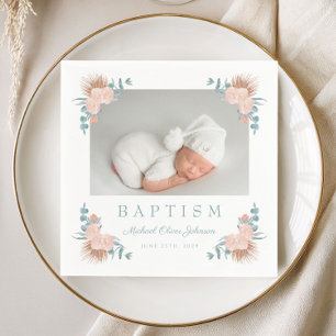 Elegant Floral Boy Baptism Photo Napkin