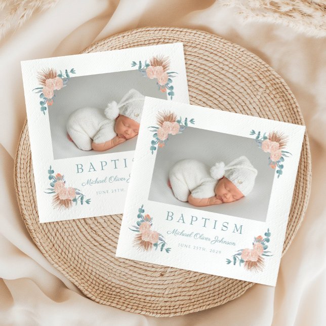 Elegant Floral Boy Baptism Photo  Napkin (Elegant Floral Boy Baptism Photo Napkins)