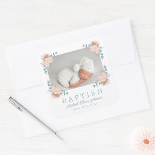 Elegant Floral Boy Photo Baptism Square Sticker