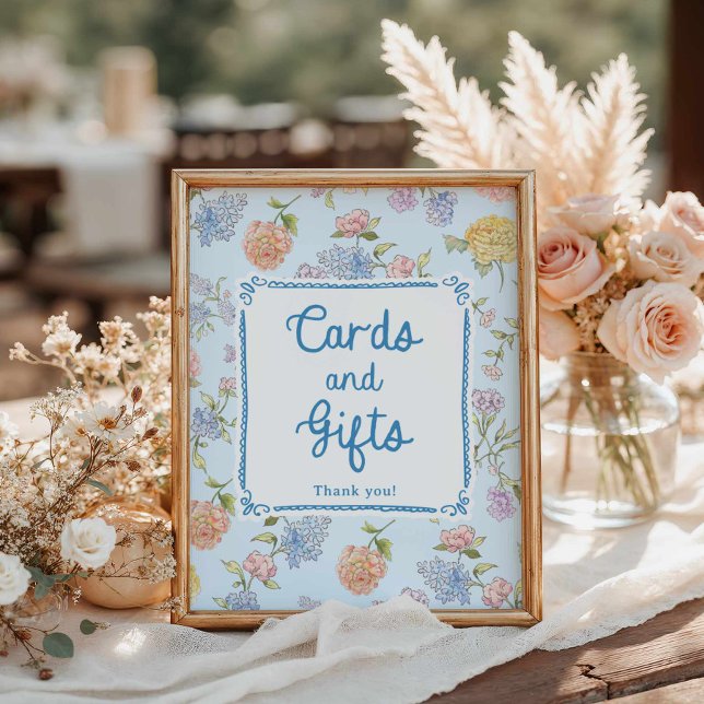 Elegant Floral Bridal Shower Cards and Gifts Poster (Blue Bridal Shower Cards and Gifts Sign)