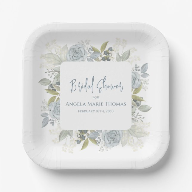 Elegant Floral Bridal Shower Dusty Blue Roses Paper Plate (Front)