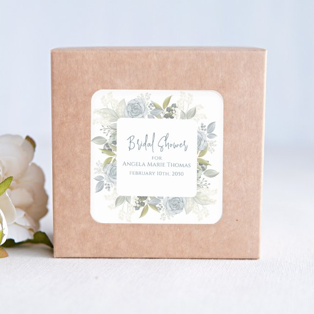 Elegant Floral Bridal Shower Dusty Blue Roses  Square Sticker (Bridal shower square sticker with beautiful blue floral roses and greenery. )
