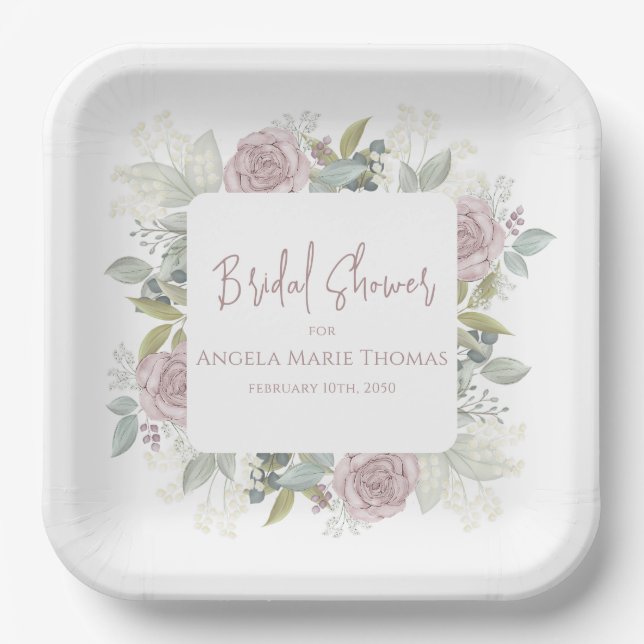 Elegant Floral Bridal Shower Dusty Rose Custom Paper Plate (Front)