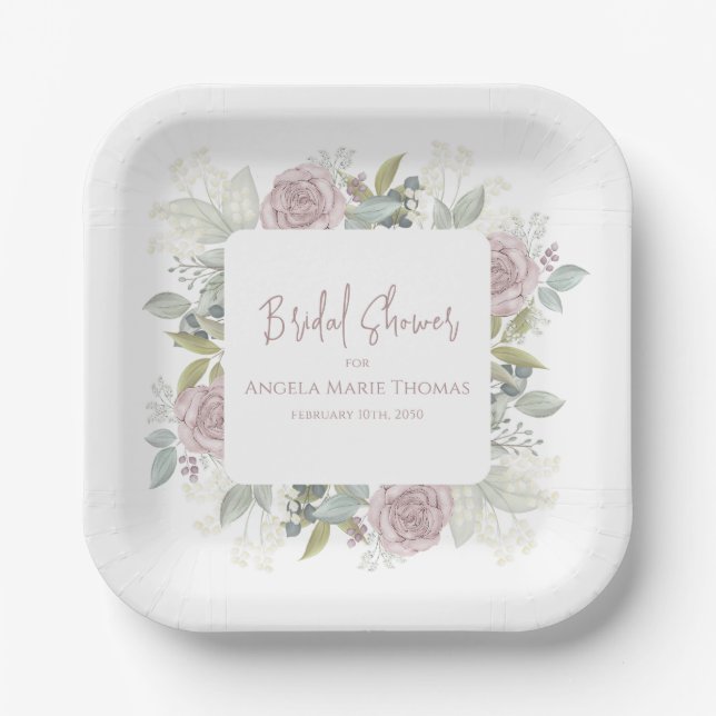 Elegant Floral Bridal Shower Dusty Rose  Paper Plate (Front)