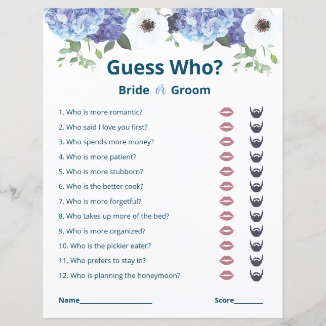 Elegant Floral Bridal Shower Game (Front)
