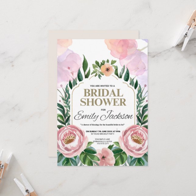 Elegant Floral Bridal Shower Invitation & flowers (Front/Back In Situ)
