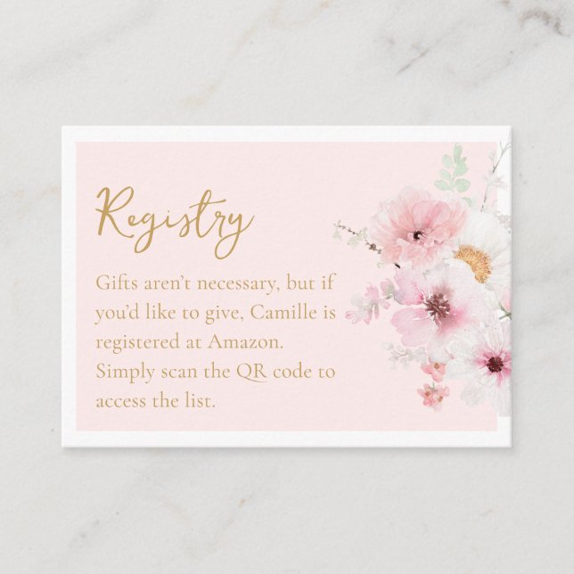 Elegant Floral Bridal Shower QR Code Registry Enclosure Card (Front)