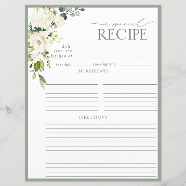 Elegant Floral Bridal Shower Recipe Binder Page (Front)
