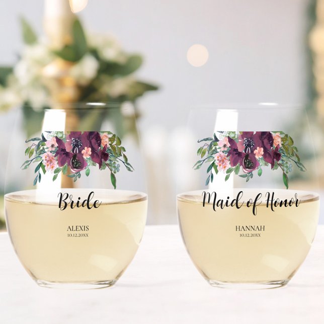 Elegant Floral Bride Maid of Honour Bridal Party Stemless Wine Glass (Creator Uploaded)