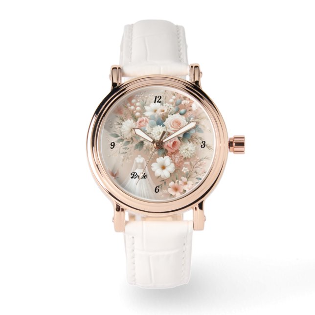 Elegant Floral Bride Watch with Rose Gold Accents (Front)