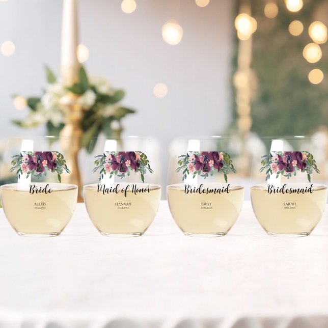 Elegant Floral Bridesmaid Bridal Party Stemless Wine Glass (Creator Uploaded)